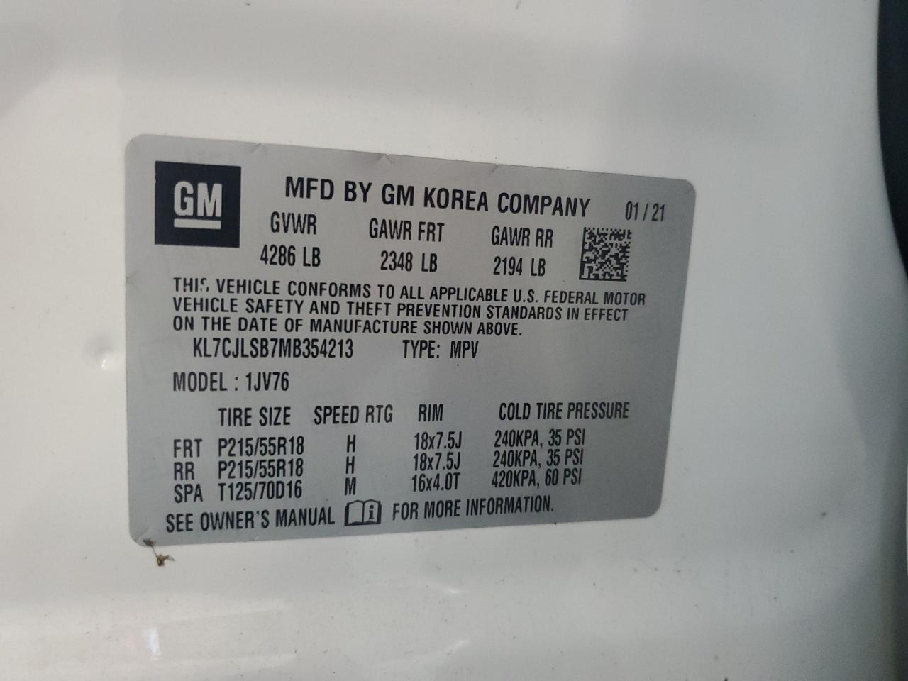 2021 Chevrolet Trax 1Lt VIN: KL7CJLSB7MB354213 Lot: 63627704