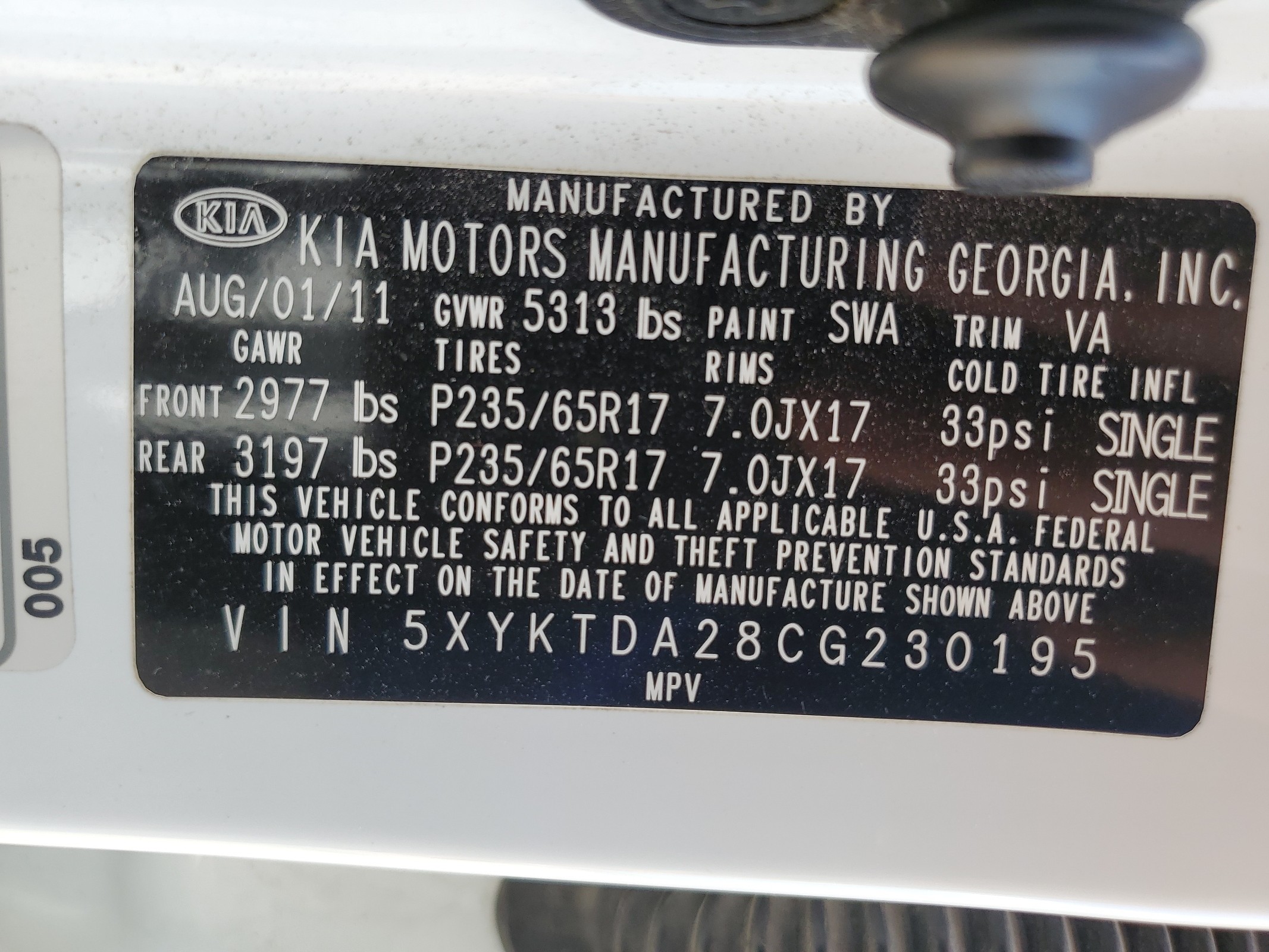 5XYKTDA28CG230195 2012 Kia Sorento Base