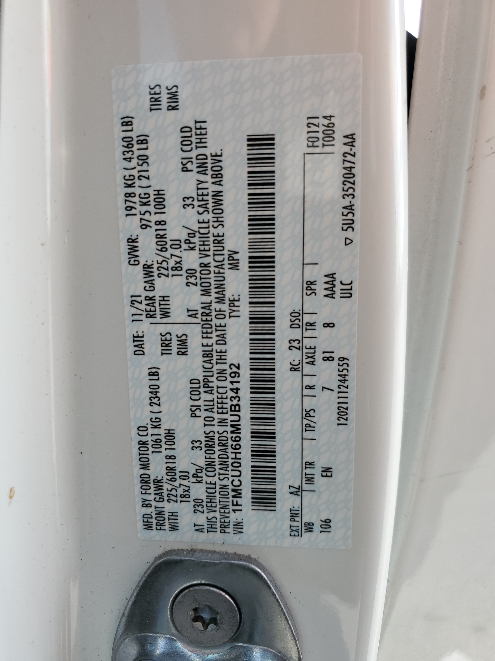 1FMCU0H66MUB34192 2021 Ford Escape Sel