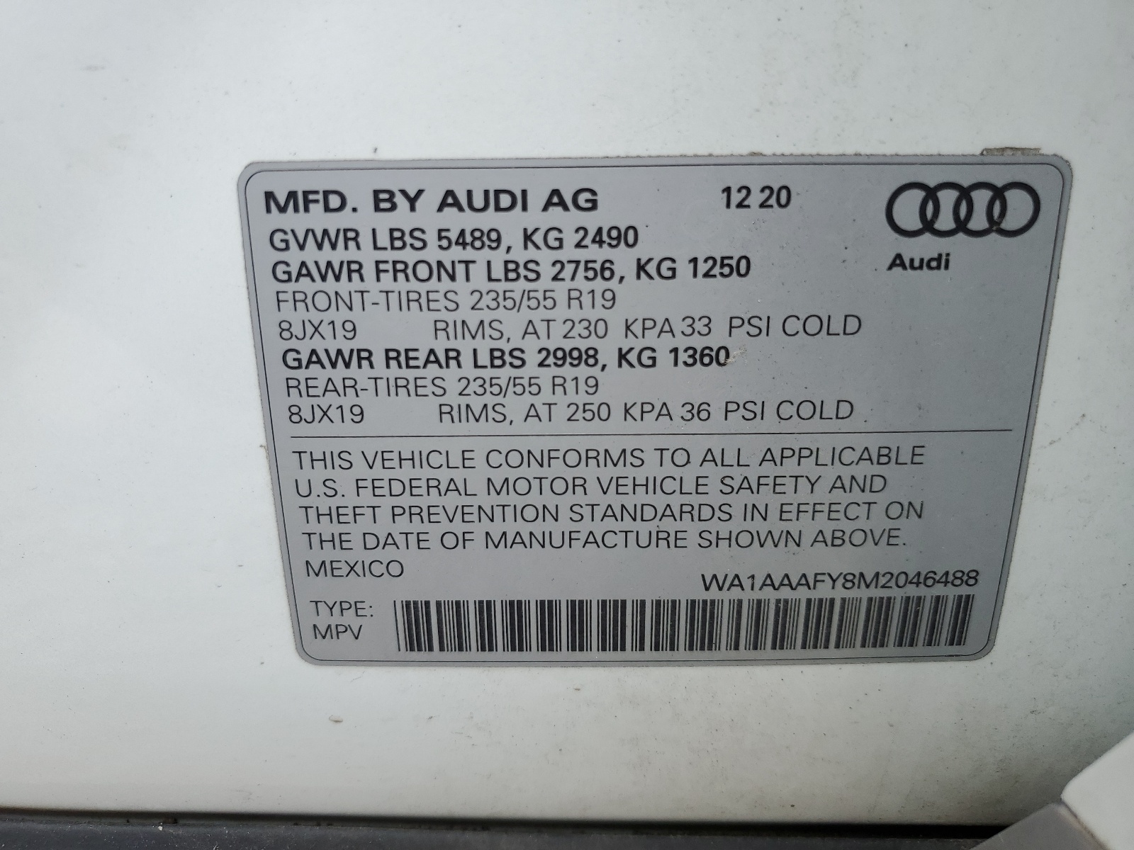 WA1AAAFY8M2046488 2021 Audi Q5 Premium