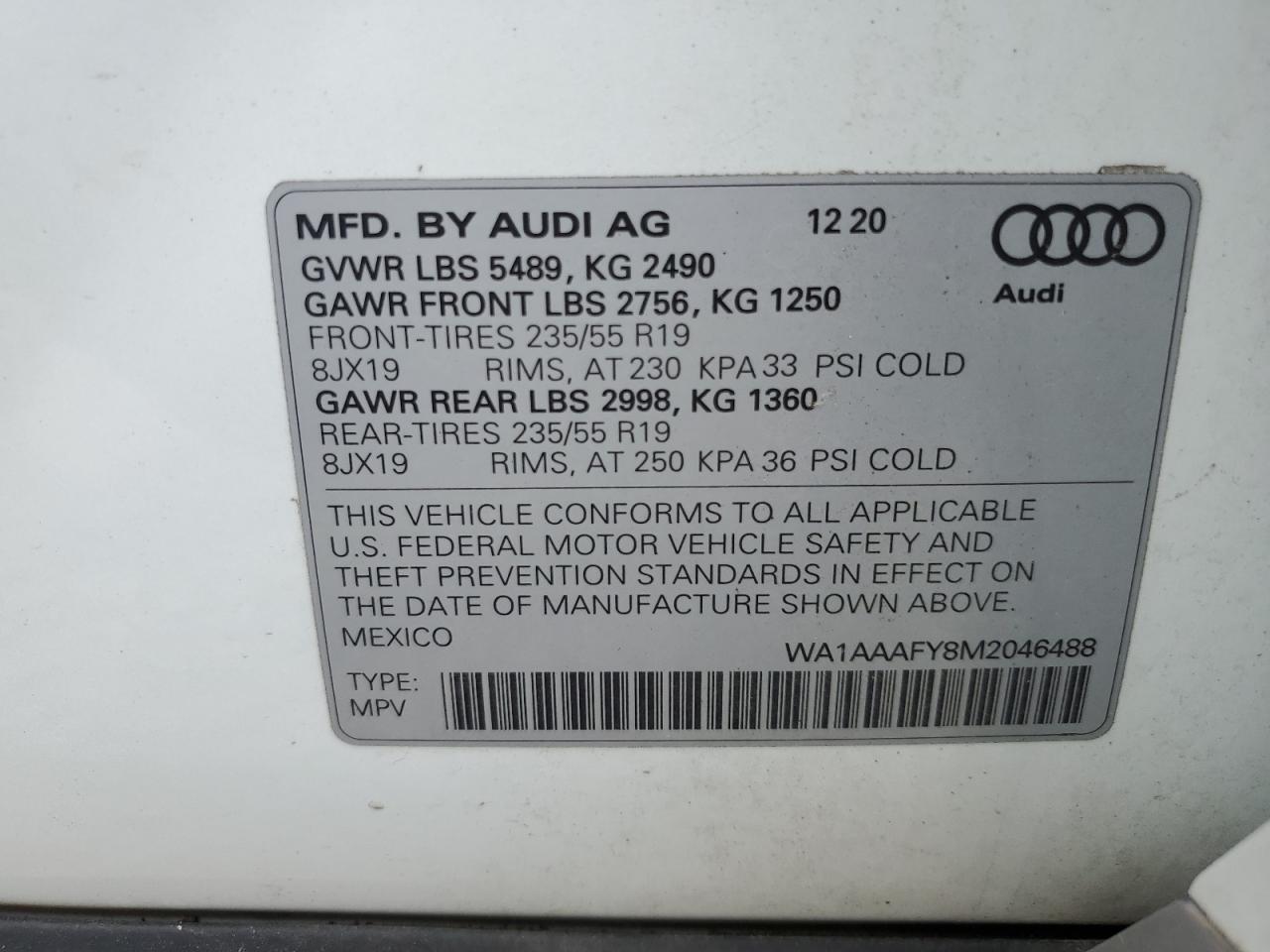 2021 Audi Q5 Premium VIN: WA1AAAFY8M2046488 Lot: 61685924