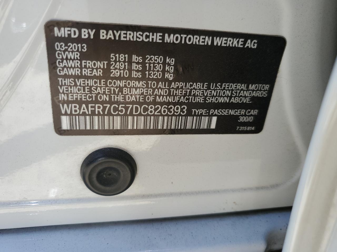 2013 BMW 535 I VIN: WBAFR7C57DC826393 Lot: 64075784