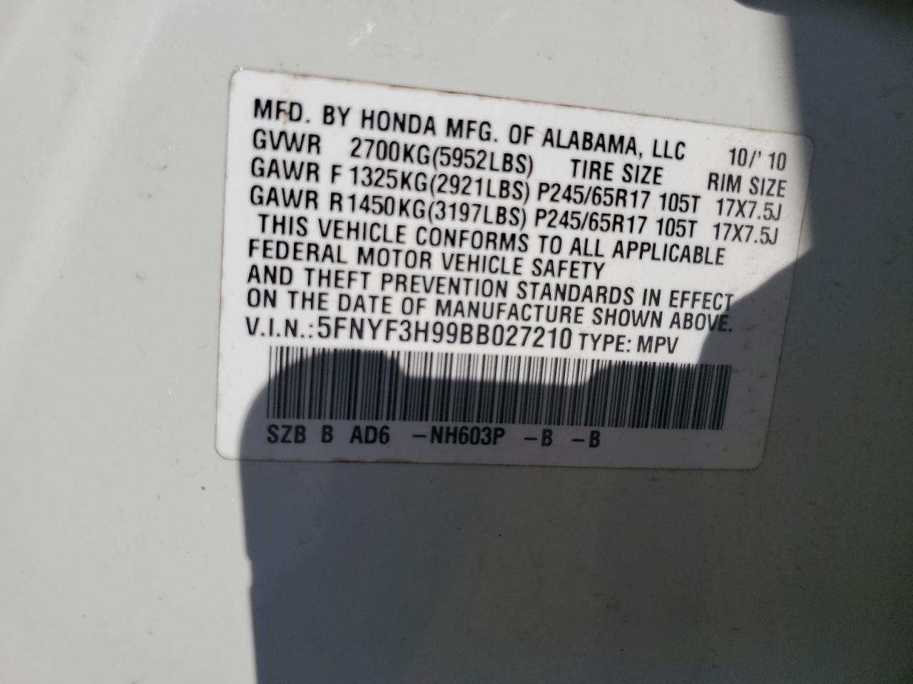 2011 Honda Pilot Touring VIN: 5FNYF3H99BB027210 Lot: 62992574