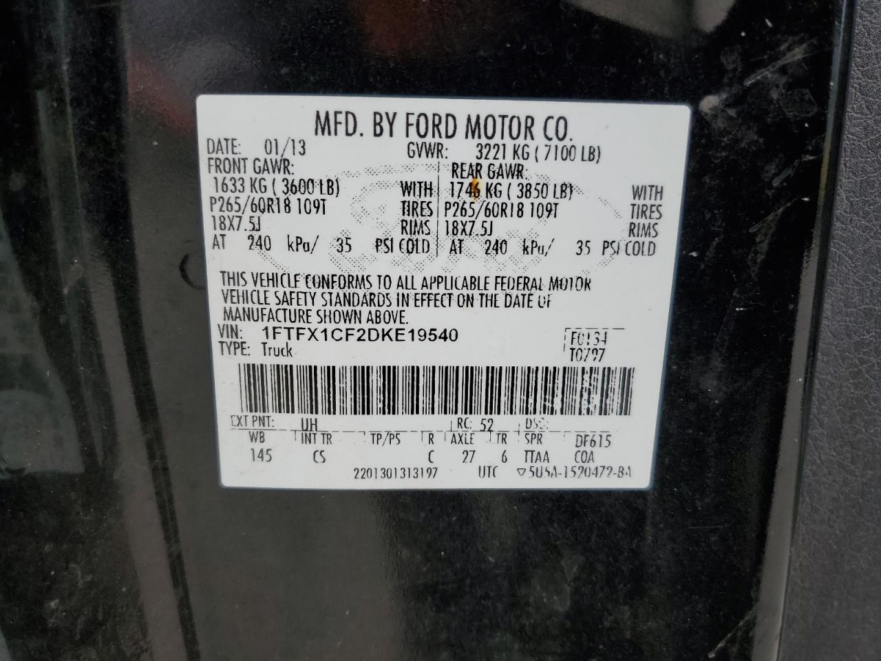 2013 Ford F150 Super Cab VIN: 1FTFX1CF2DKE19540 Lot: 62471164