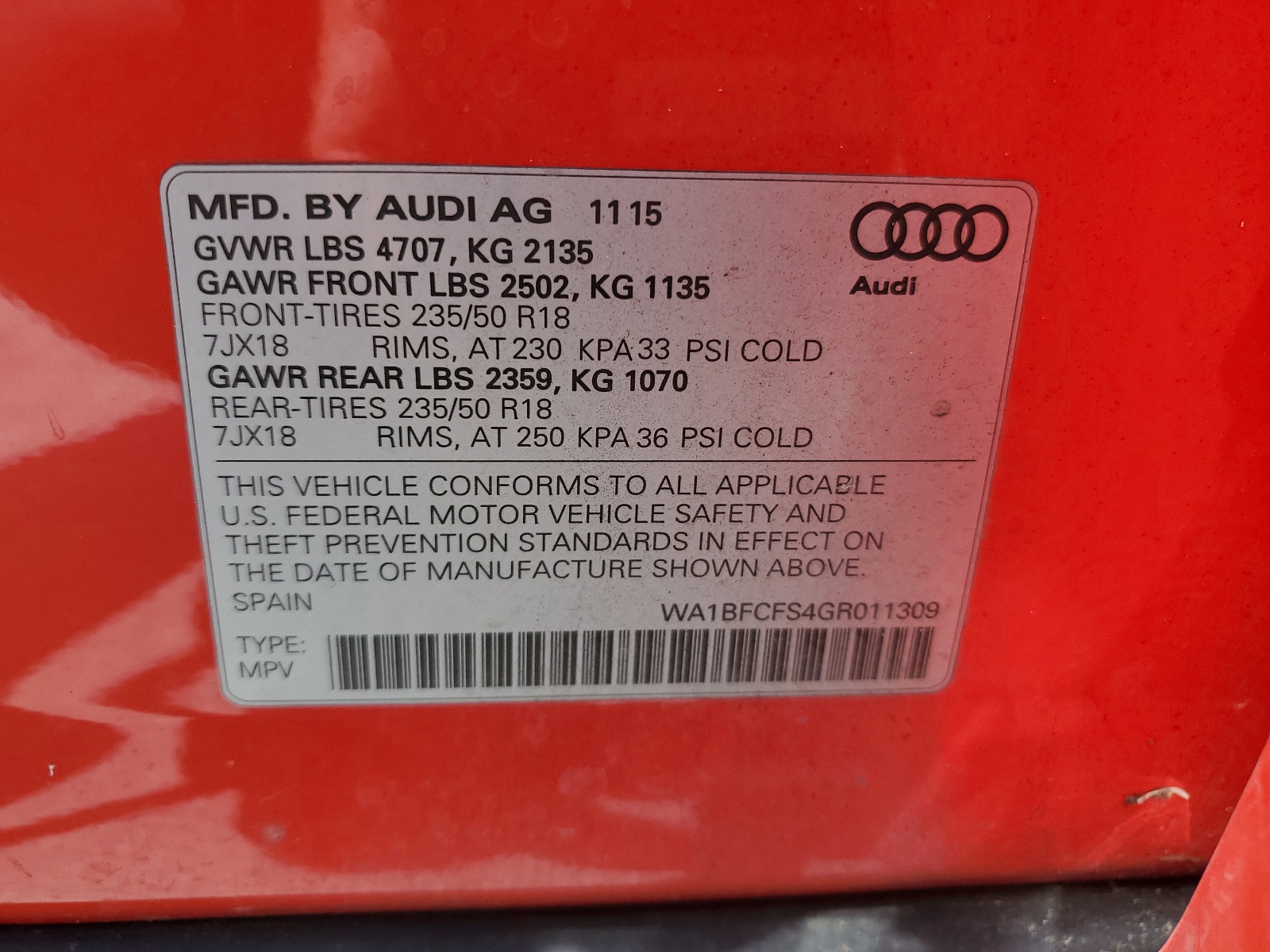 WA1BFCFS4GR011309 2016 Audi Q3 Premium Plus