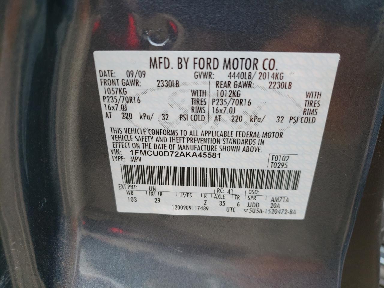 2010 Ford Escape Xlt VIN: 1FMCU0D72AKA45581 Lot: 64893454