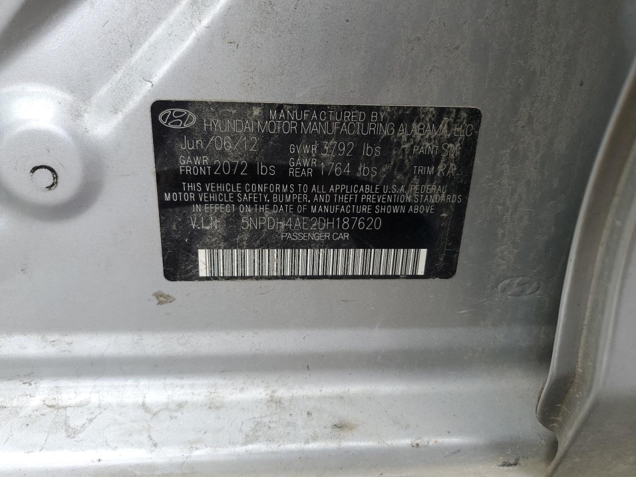 2013 Hyundai Elantra Gls VIN: 5NPDH4AE2DH187620 Lot: 63437794