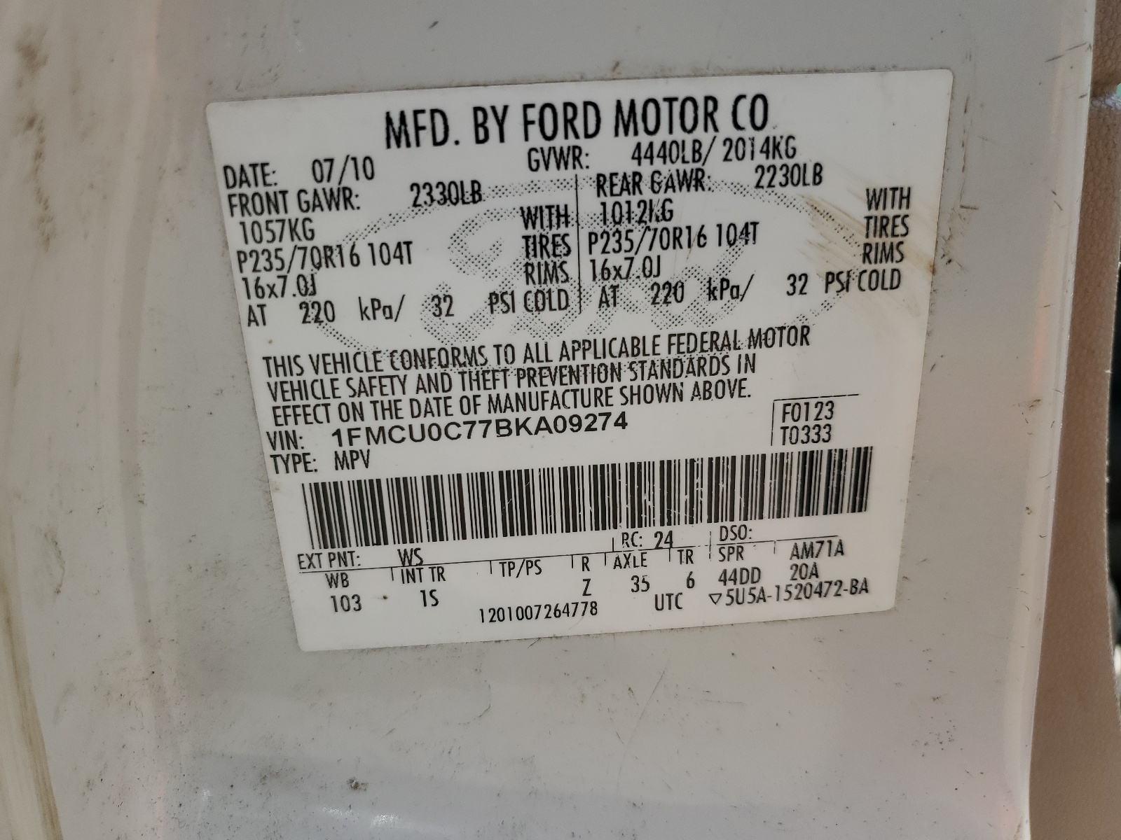 1FMCU0C77BKA09274 2011 Ford Escape Xls