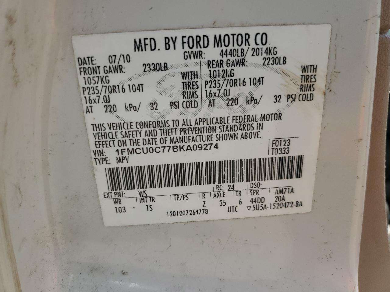 2011 Ford Escape Xls VIN: 1FMCU0C77BKA09274 Lot: 65317164