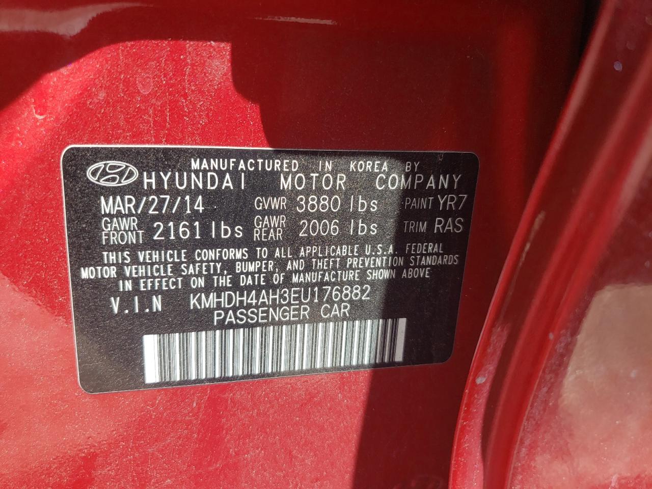 KMHDH4AH3EU176882 2014 Hyundai Elantra Se