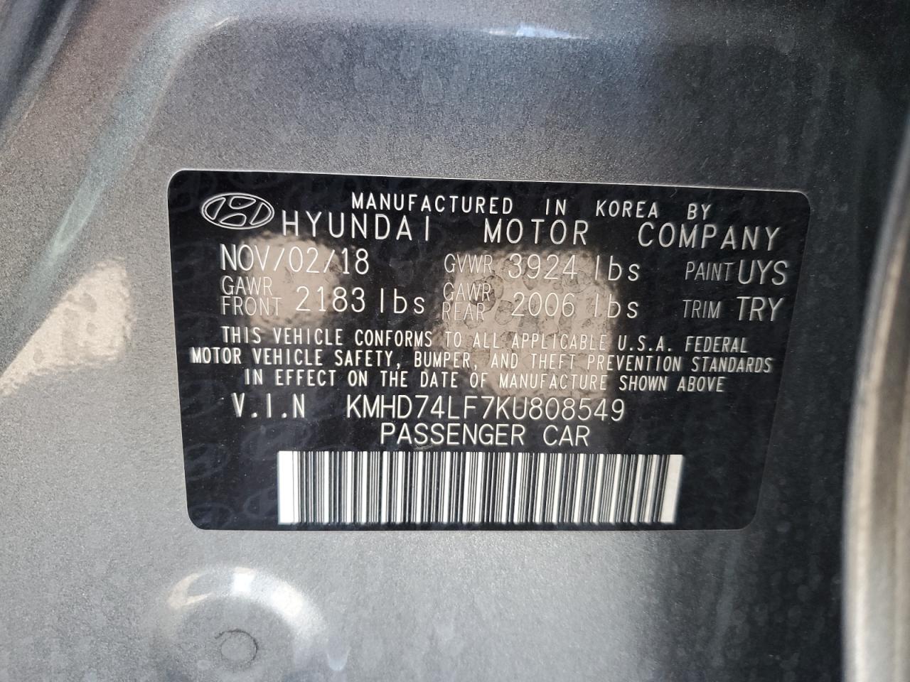 KMHD74LF7KU808549 2019 Hyundai Elantra Se