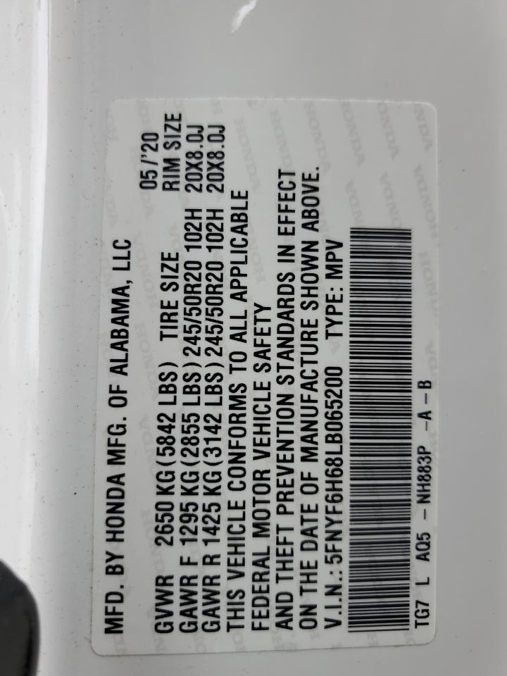 2020 Honda Pilot Touring VIN: 5FNYF6H68LB065200 Lot: 65034304