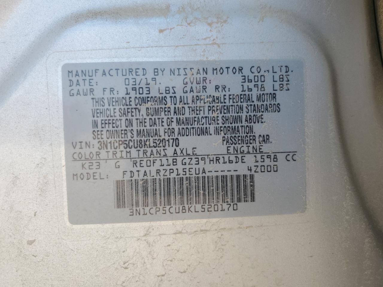 2019 Nissan Kicks S VIN: 3N1CP5CU8KL520170 Lot: 62870094