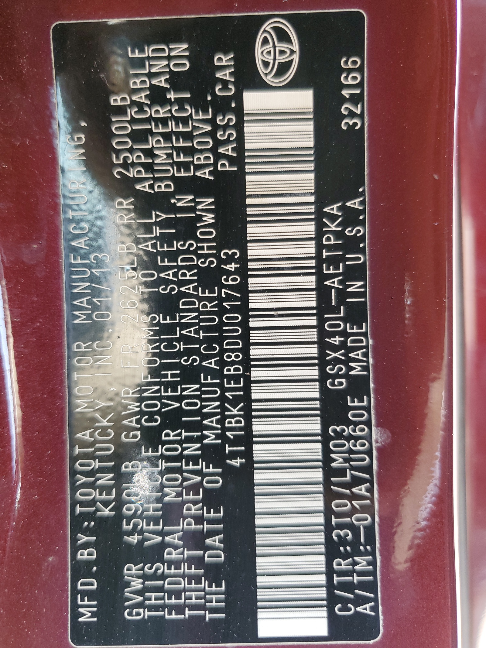 4T1BK1EB8DU017643 2013 Toyota Avalon Base