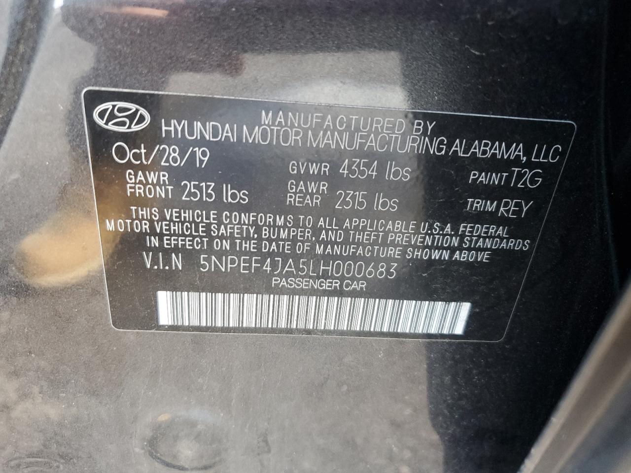 2020 Hyundai Sonata Sel VIN: 5NPEF4JA5LH000683 Lot: 63487554
