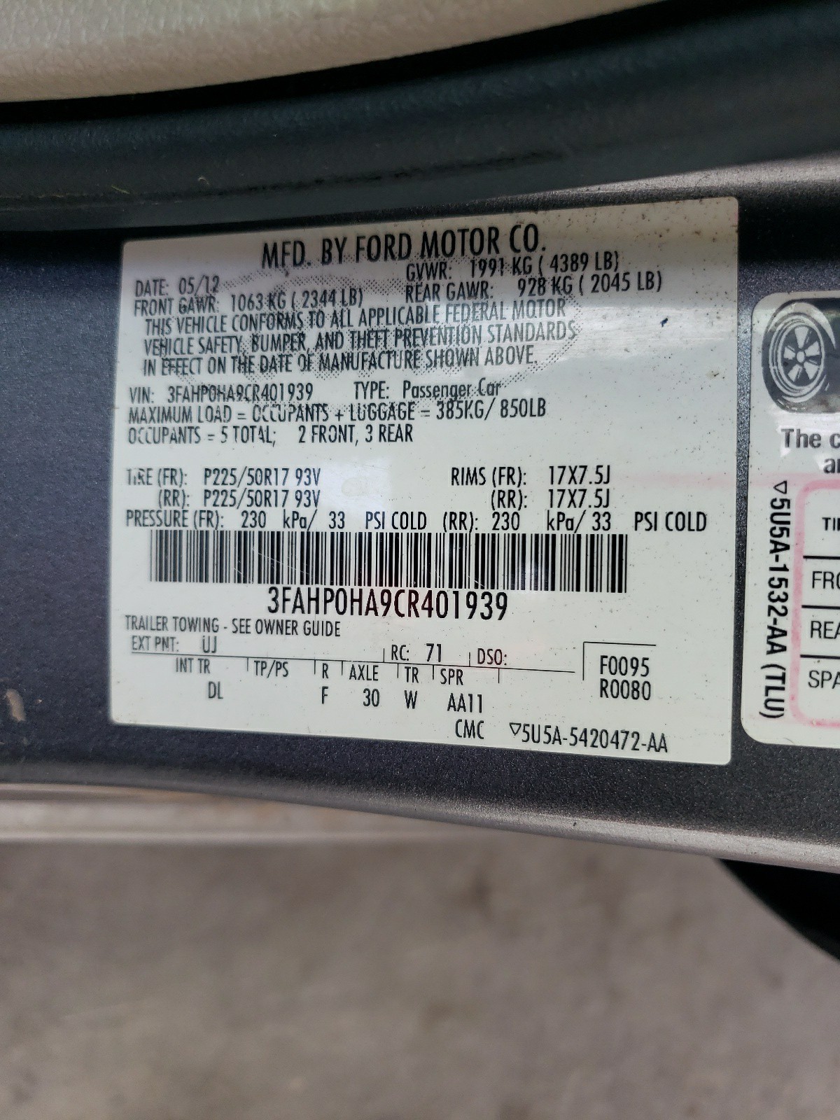 3FAHP0HA9CR401939 2012 Ford Fusion Se