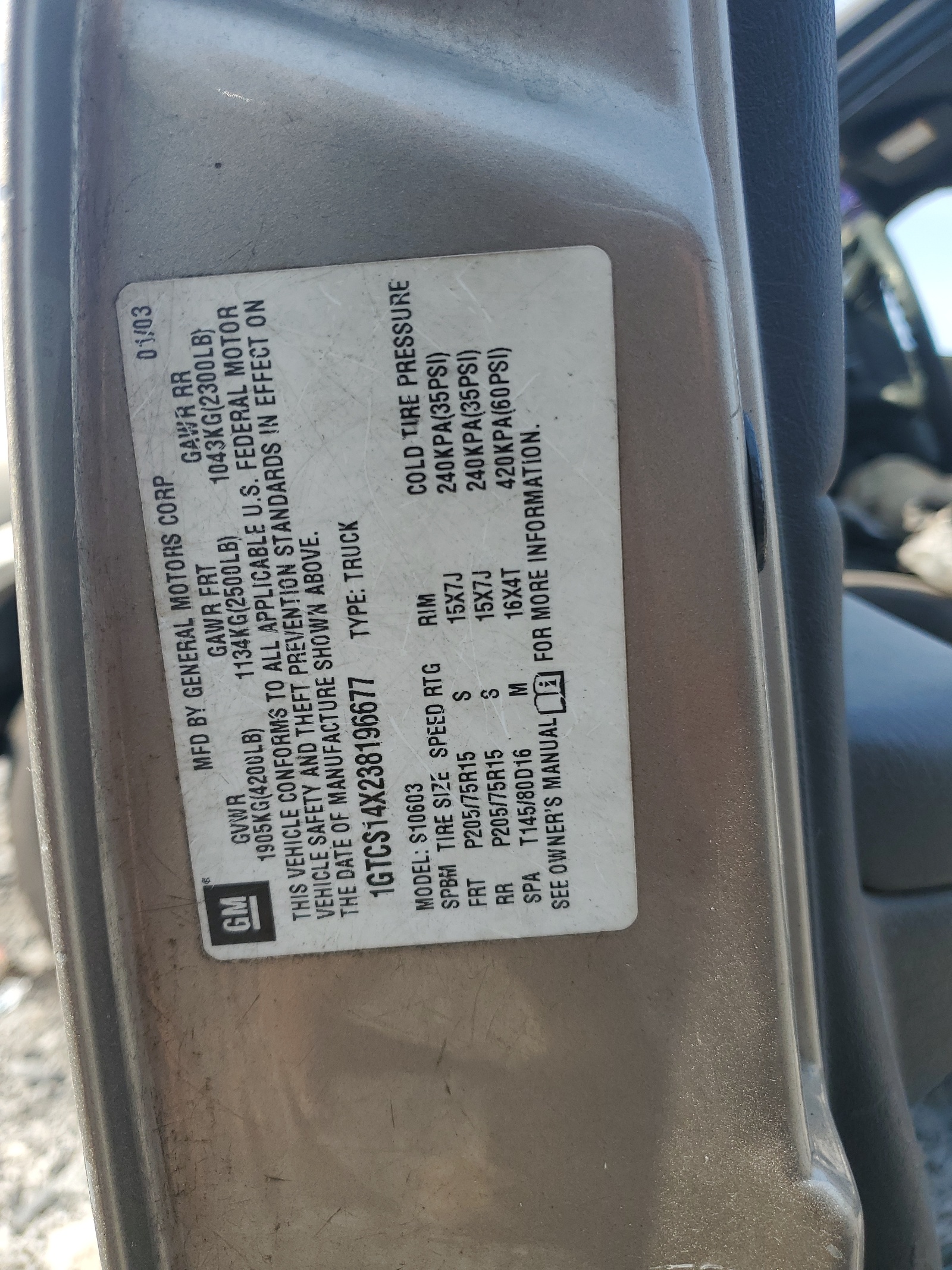 1GTCS14X238196677 2003 GMC Sonoma