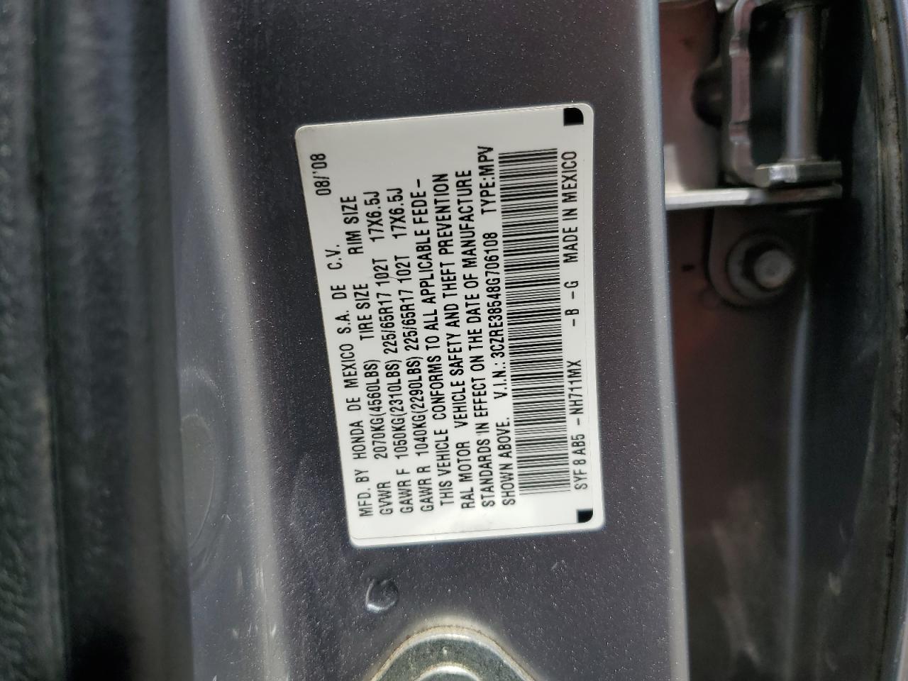 2008 Honda Cr-V Ex VIN: 3CZRE38548G706108 Lot: 59522474