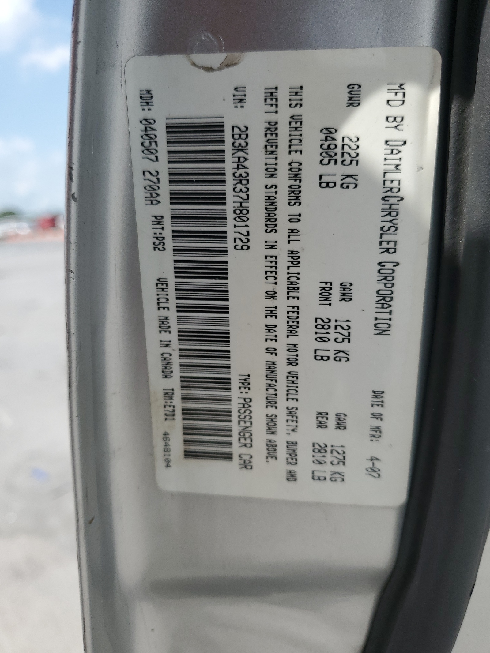 2B3KA43R37H801729 2007 Dodge Charger Se