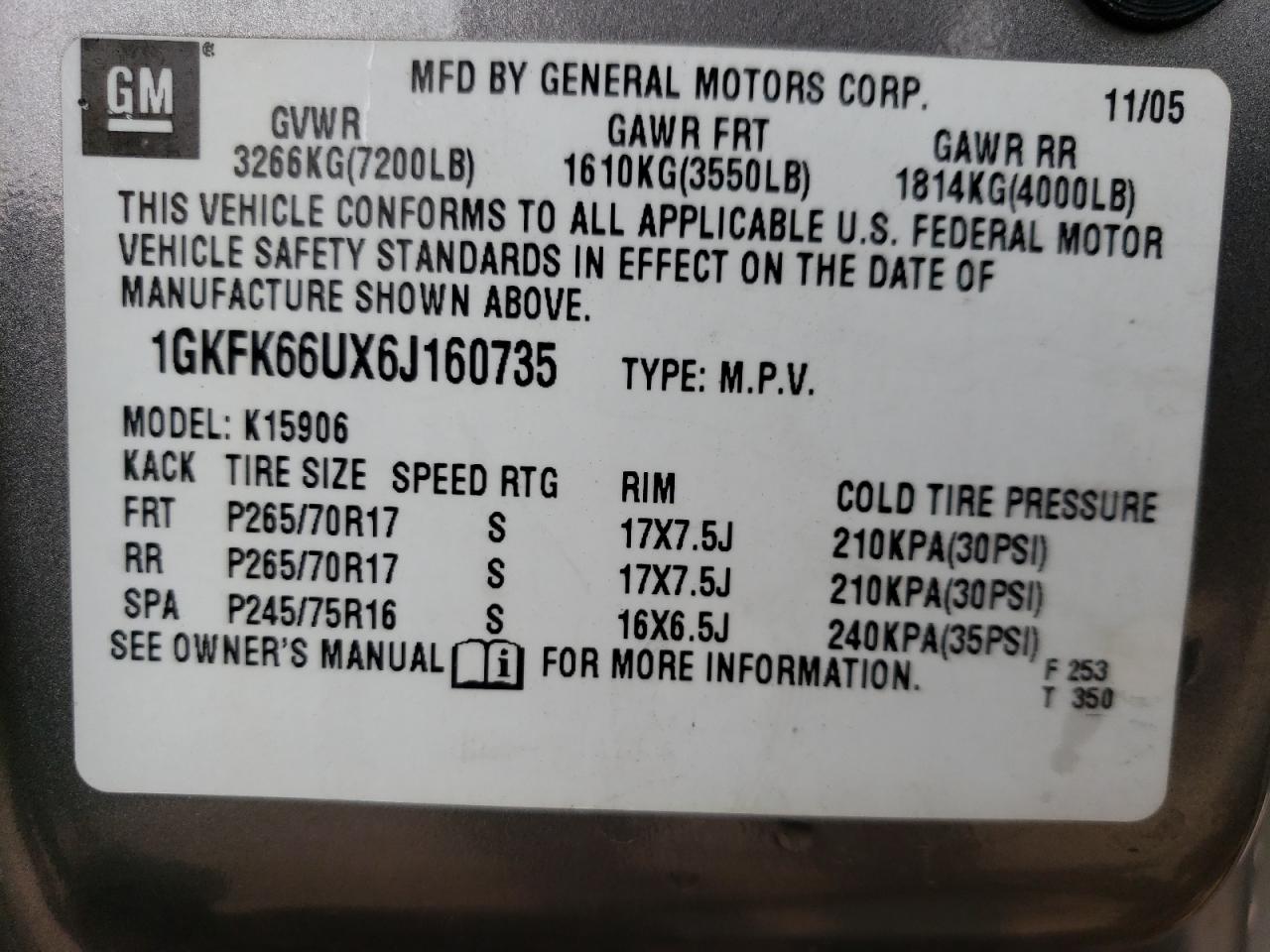 2006 GMC Yukon Xl Denali VIN: 1GKFK66UX6J160735 Lot: 64032074