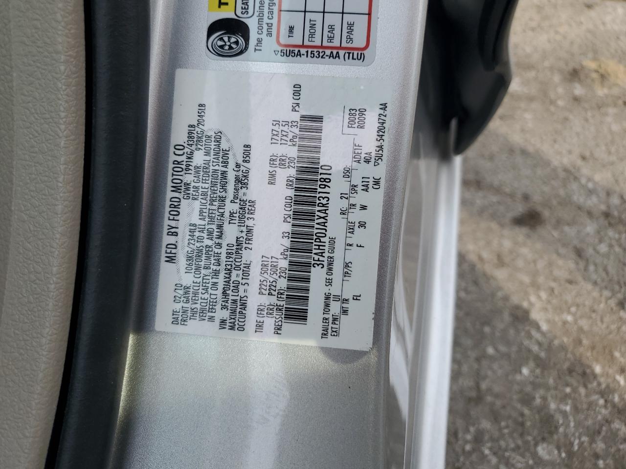 2010 Ford Fusion Sel VIN: 3FAHP0JAXAR319810 Lot: 64418874