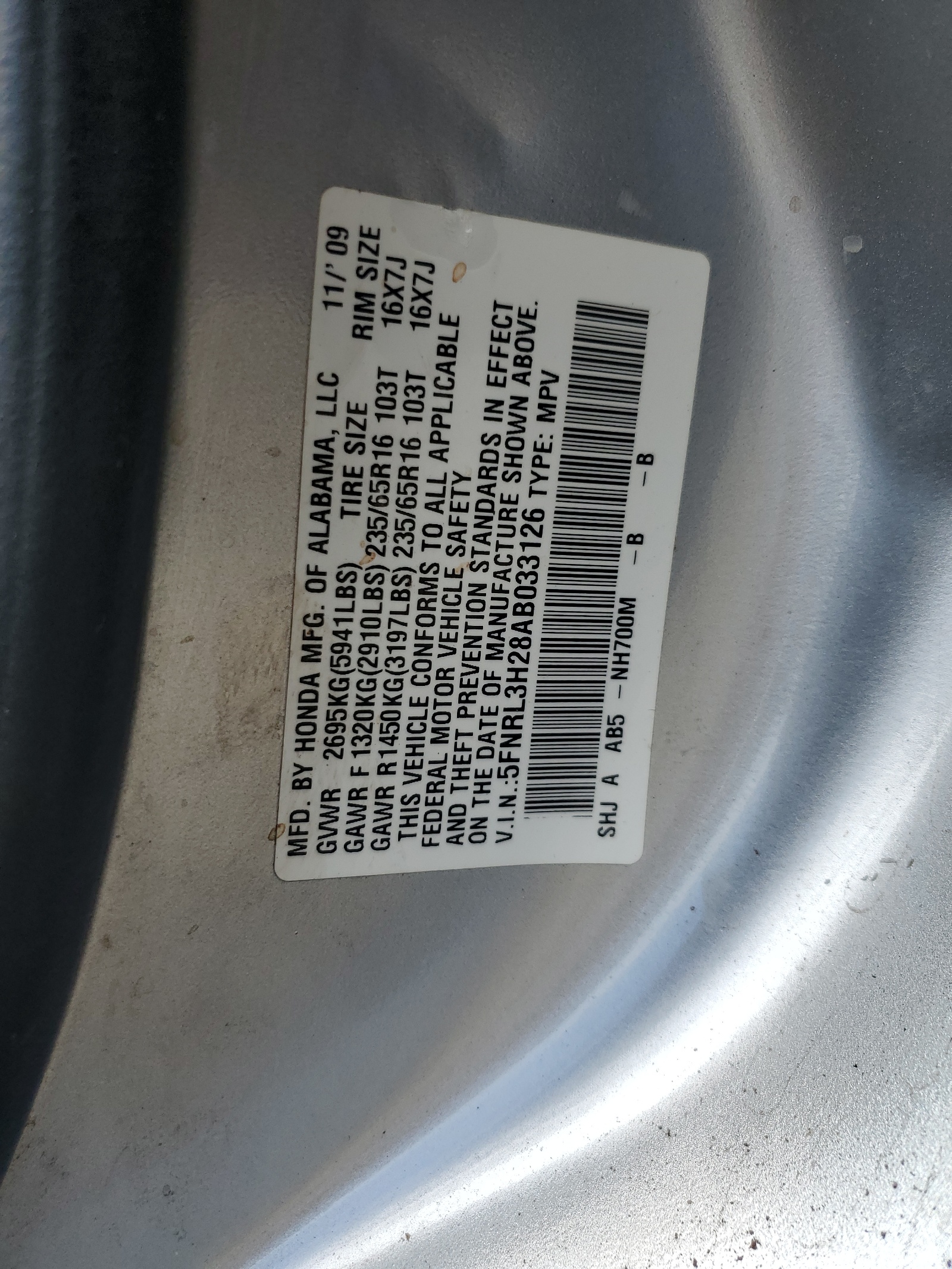 5FNRL3H28AB033126 2010 Honda Odyssey Lx