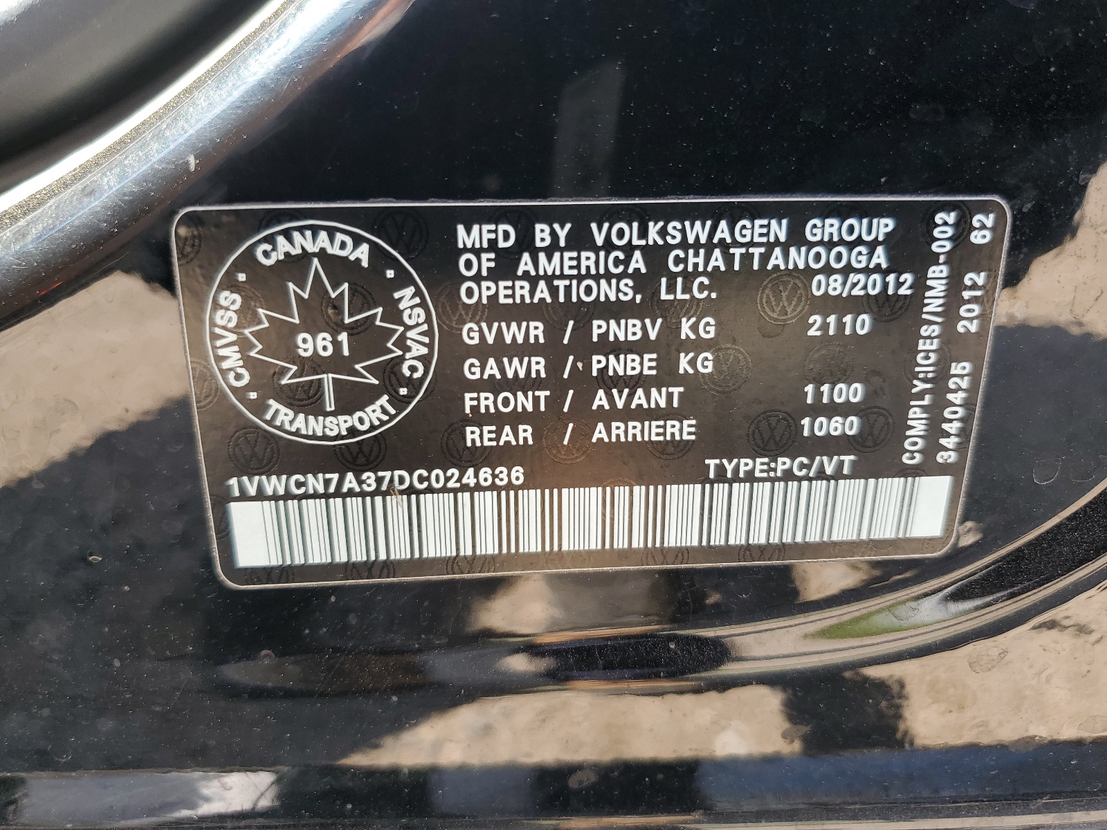 1VWCN7A37DC024636 2013 Volkswagen Passat Sel