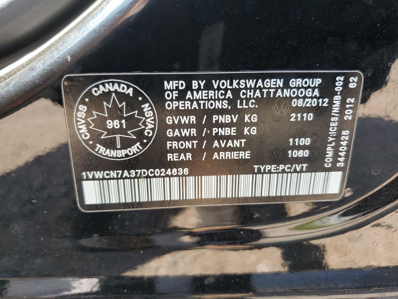 2013 Volkswagen Passat Sel VIN: 1VWCN7A37DC024636 Lot: 60955554