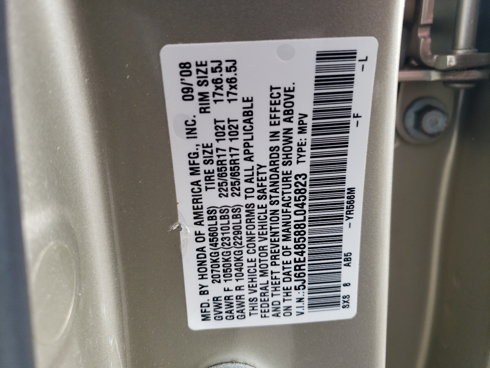 5J6RE48588L045823 2008 Honda Cr-V Ex