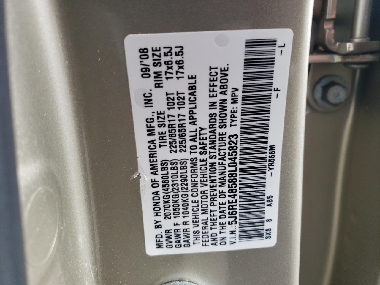 2008 Honda Cr-V Ex VIN: 5J6RE48588L045823 Lot: 62073394