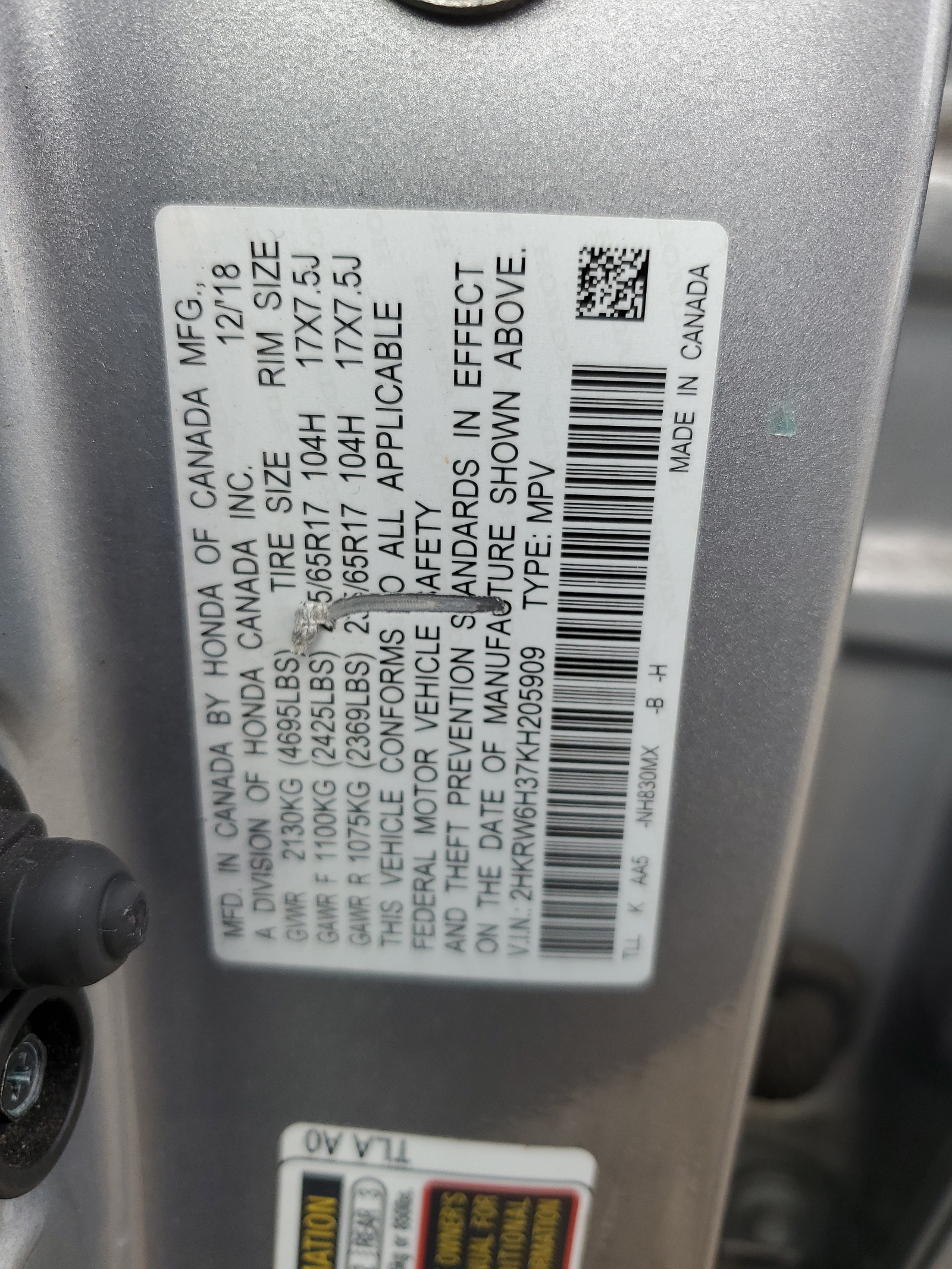 2HKRW6H37KH205909 2019 Honda Cr-V Lx