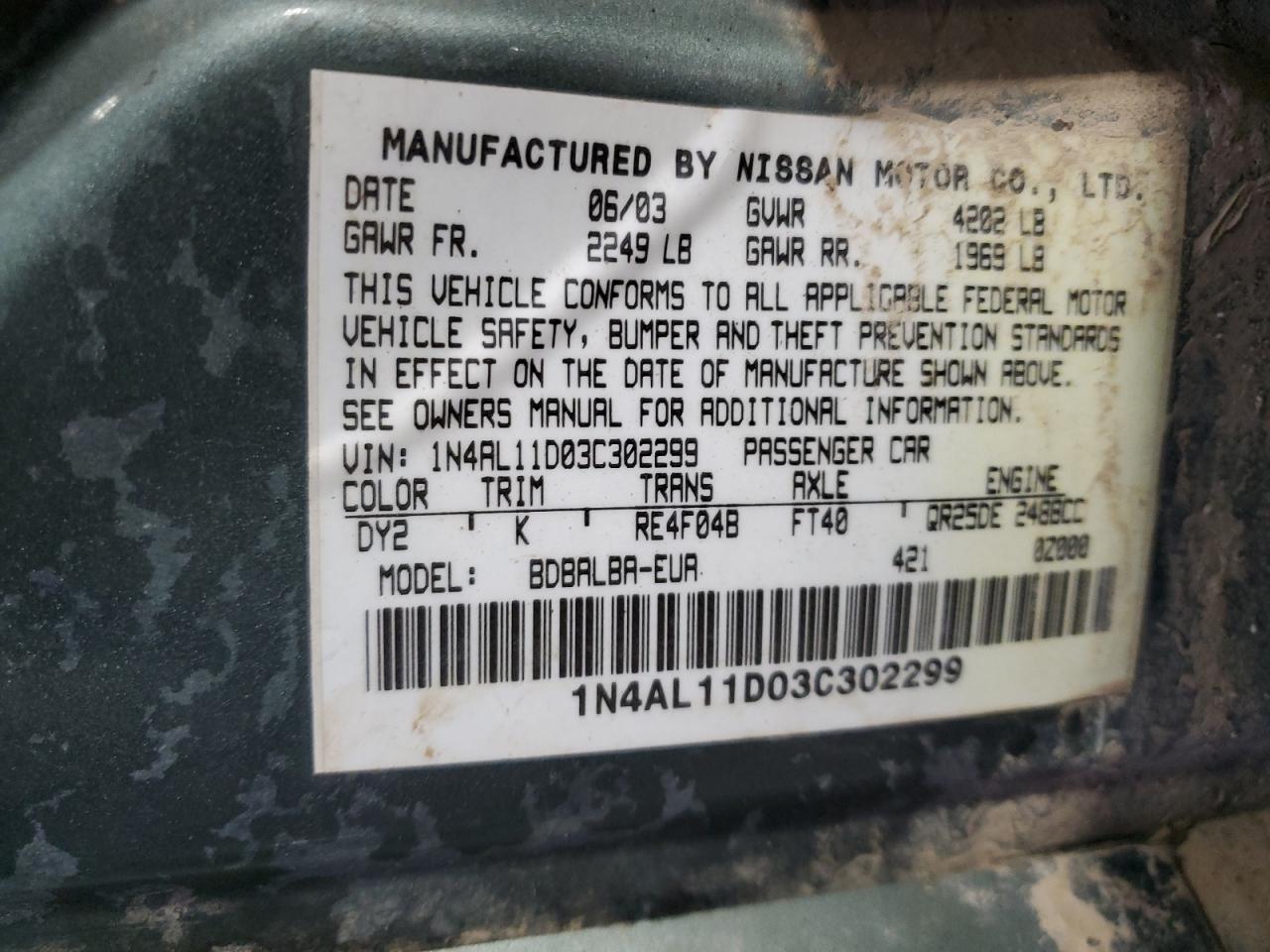 2003 Nissan Altima Base VIN: 1N4AL11D03C302299 Lot: 64470914