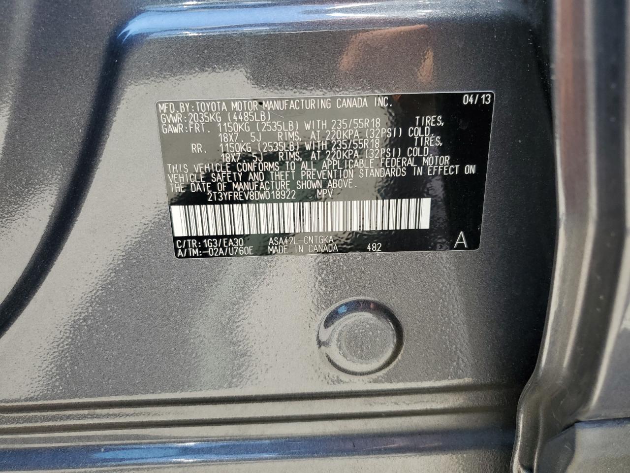 2013 Toyota Rav4 Limited VIN: 2T3YFREV8DW018922 Lot: 65001834