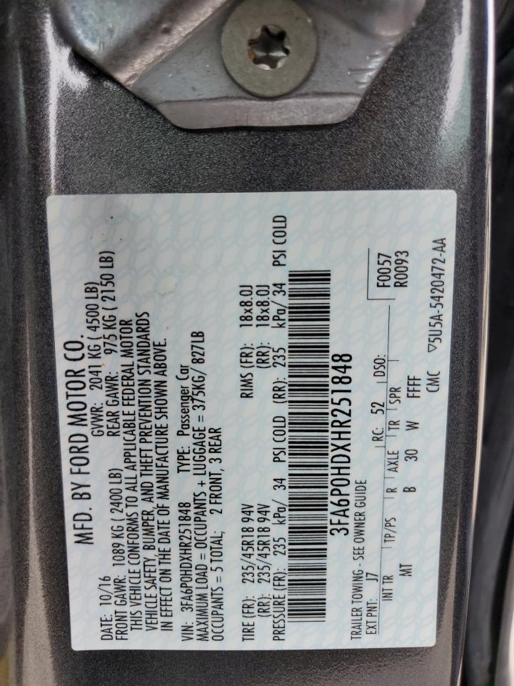 2017 Ford Fusion Se VIN: 3FA6P0HDXHR251848 Lot: 63698744