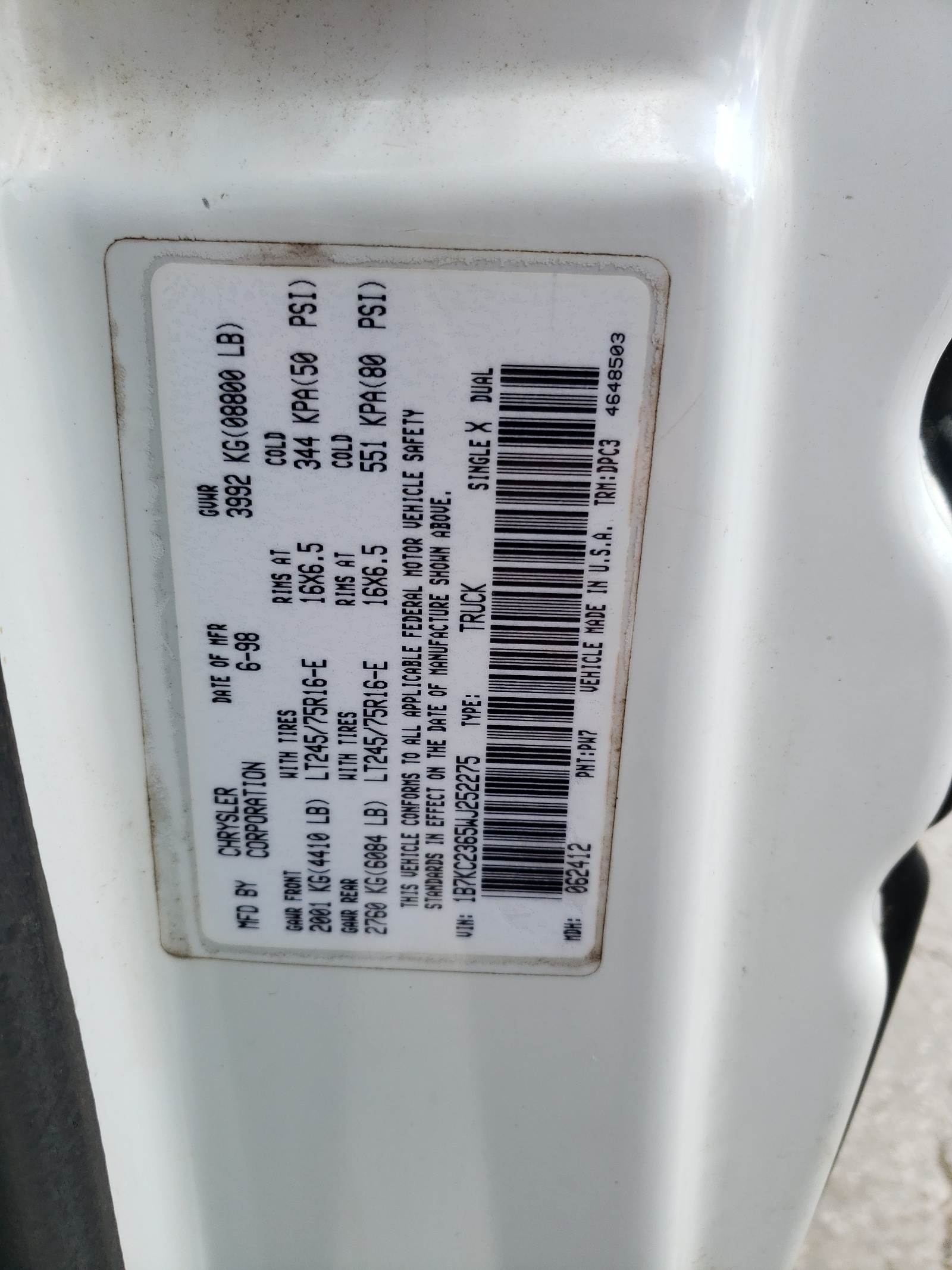 1B7KC2365WJ252275 1998 Dodge Ram 2500