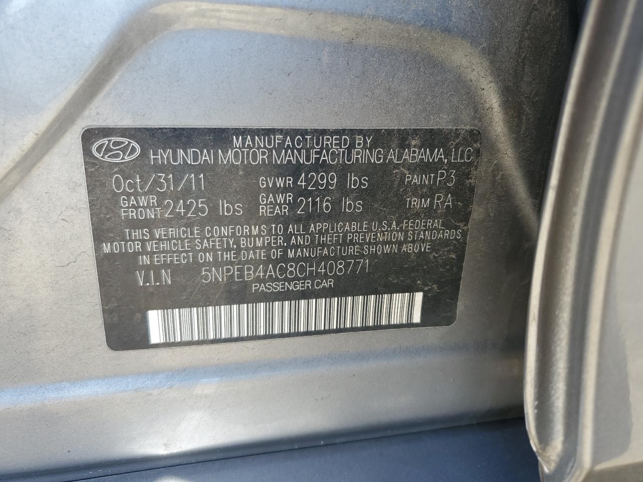 5NPEB4AC8CH408771 2012 Hyundai Sonata Gls