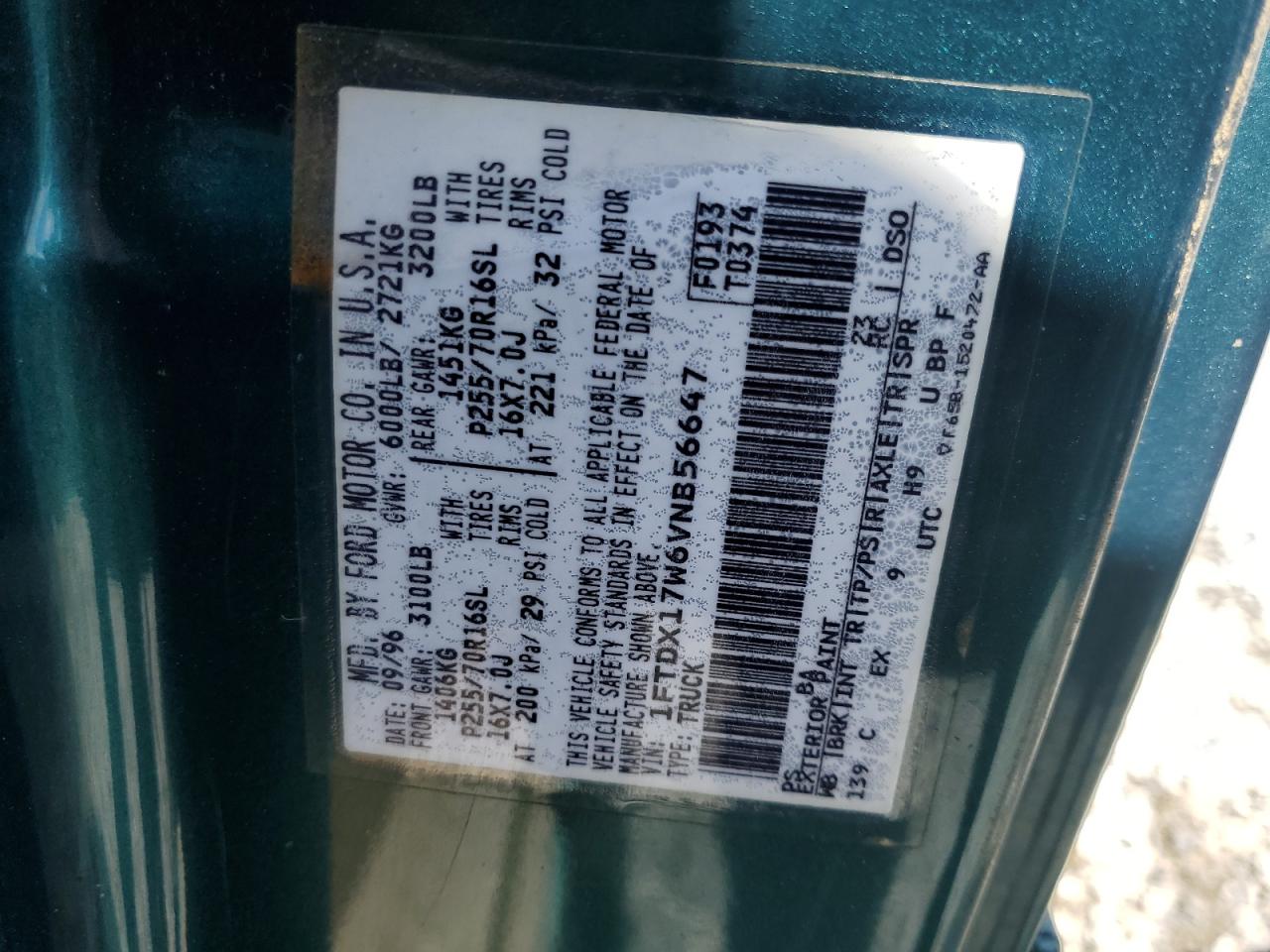 1997 Ford F150 VIN: 1FTDX17W6VNB56647 Lot: 64350094