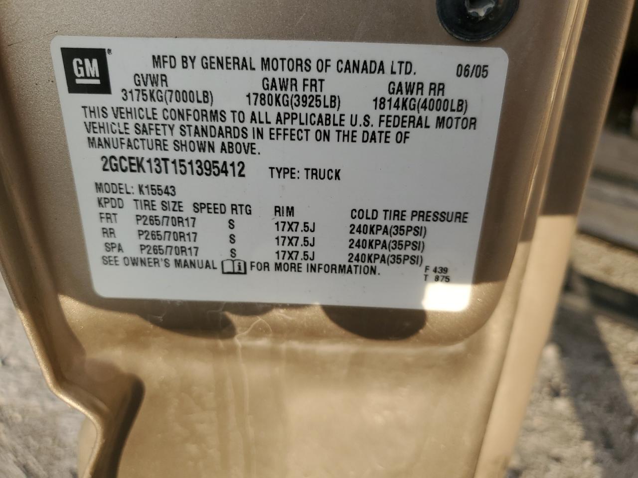 2005 Chevrolet Silverado K1500 VIN: 2GCEK13T151395412 Lot: 62137334