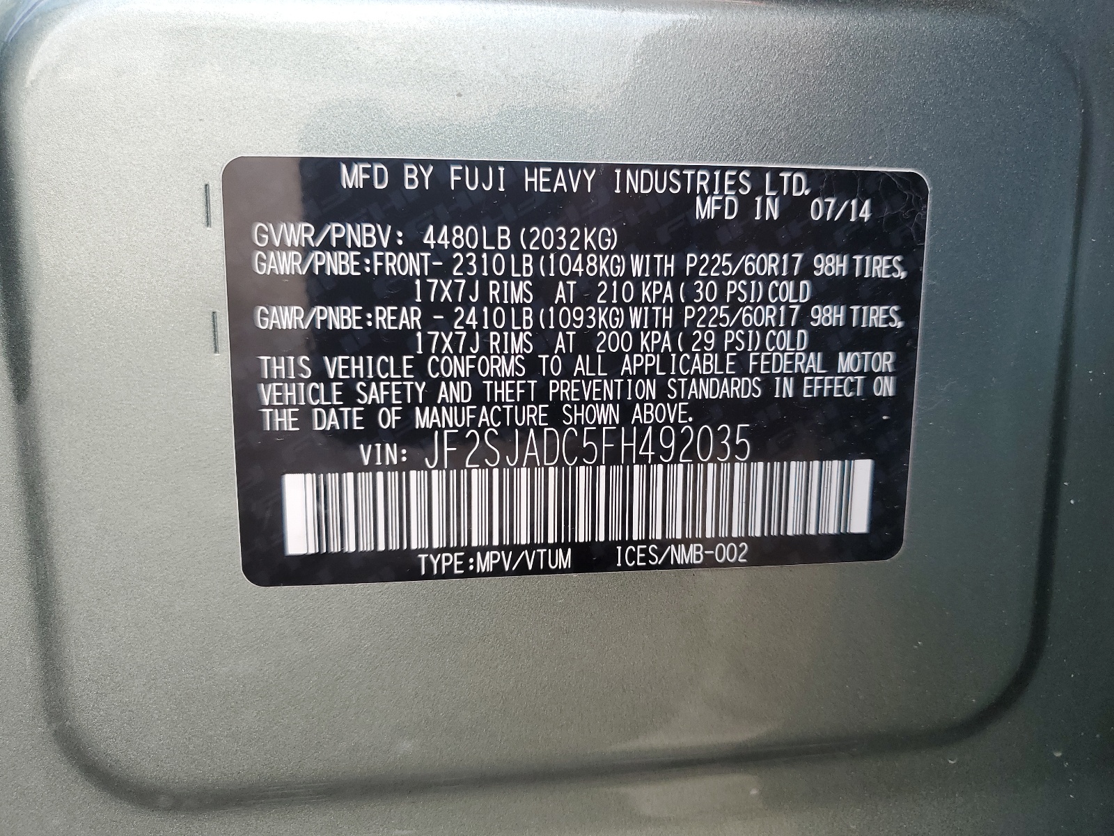 JF2SJADC5FH492035 2015 Subaru Forester 2.5I Premium