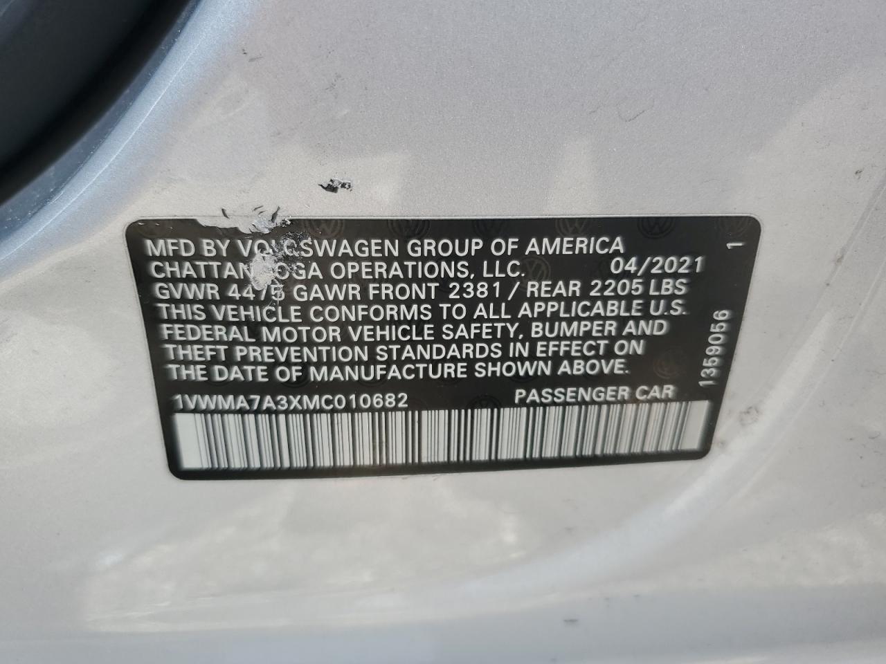 2021 Volkswagen Passat R-Line VIN: 1VWMA7A3XMC010682 Lot: 64313934