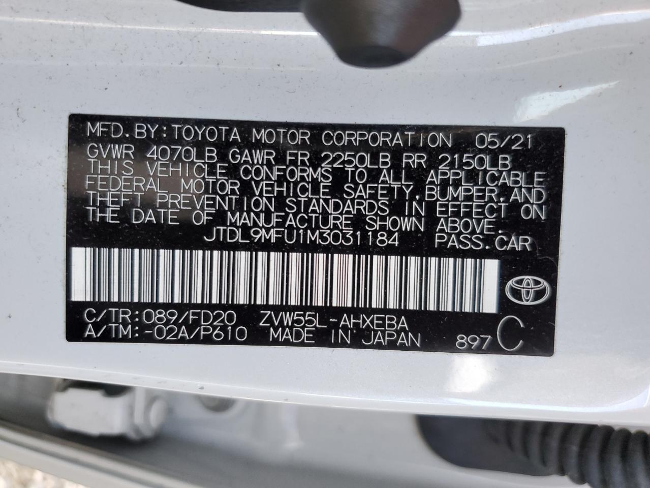 2021 Toyota Prius Le VIN: JTDL9MFU1M3031184 Lot: 64501204