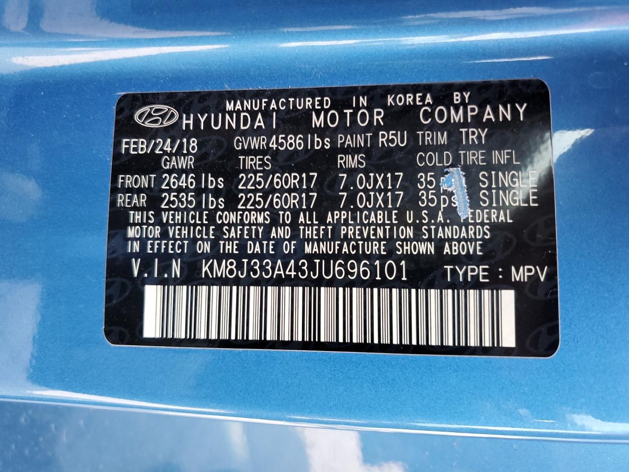 2018 Hyundai Tucson Sel VIN: KM8J33A43JU696101 Lot: 65438474