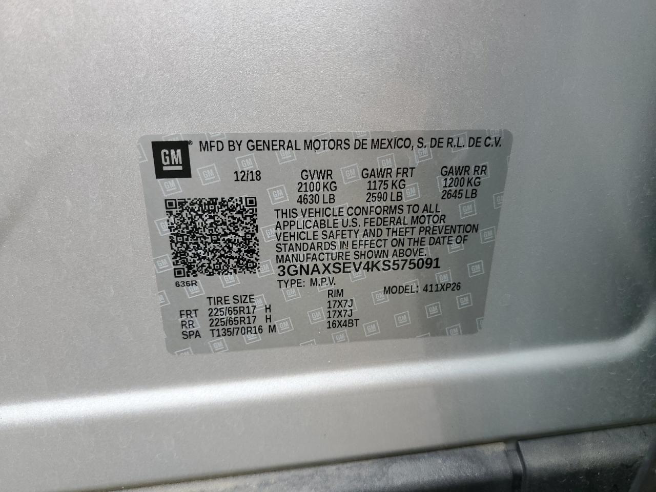 2019 Chevrolet Equinox Ls VIN: 3GNAXSEV4KS575091 Lot: 63475334