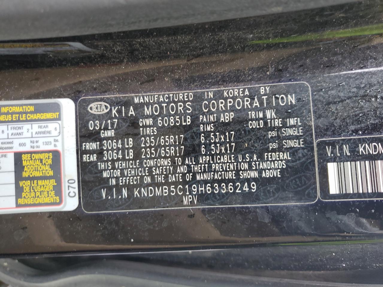 2017 Kia Sedona Lx VIN: KNDMB5C19H6336249 Lot: 65037484