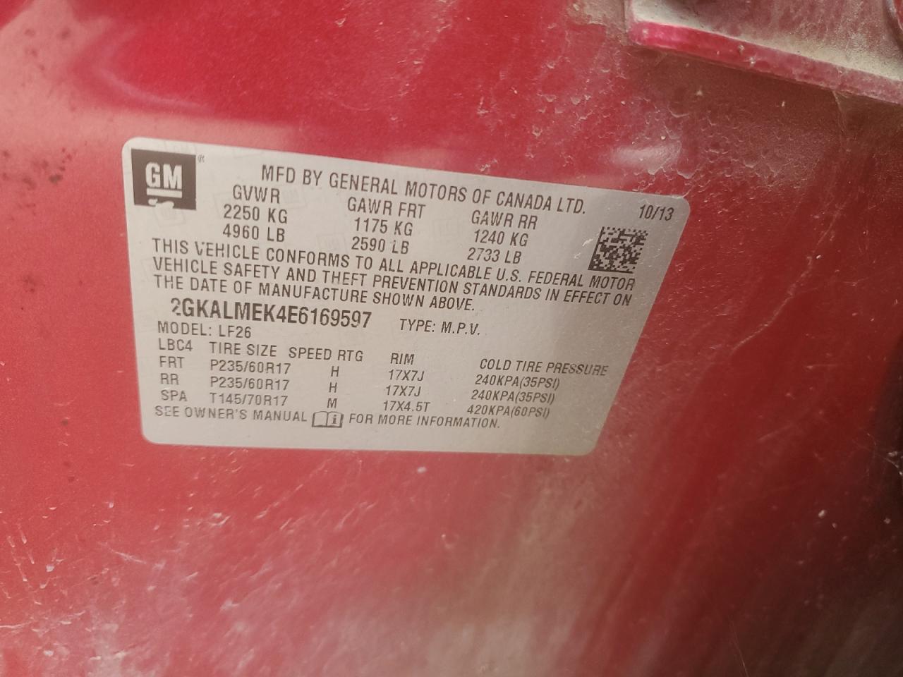 2014 GMC Terrain Sle VIN: 2GKALMEK4E6169597 Lot: 62902104