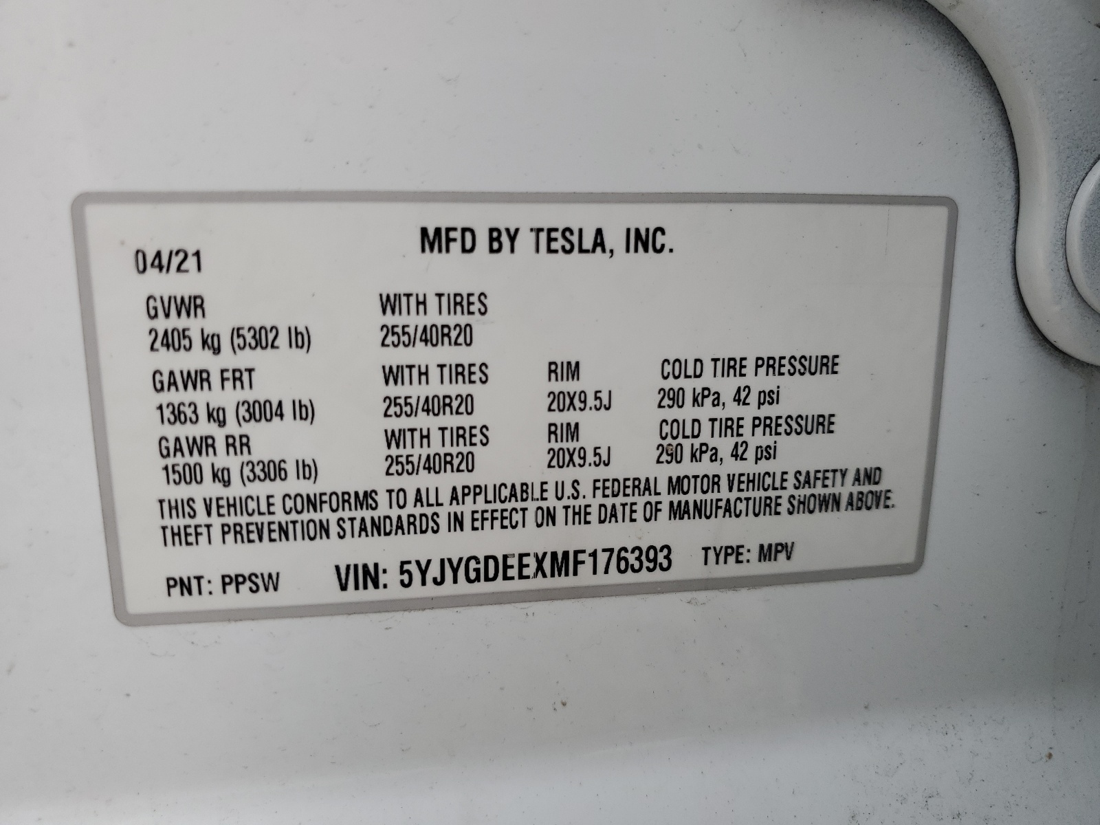 5YJYGDEEXMF176393 2021 Tesla Model Y