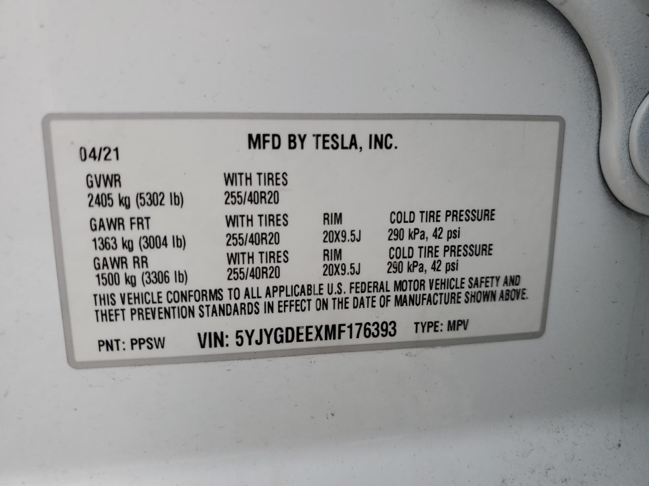 2021 Tesla Model Y VIN: 5YJYGDEEXMF176393 Lot: 63519164