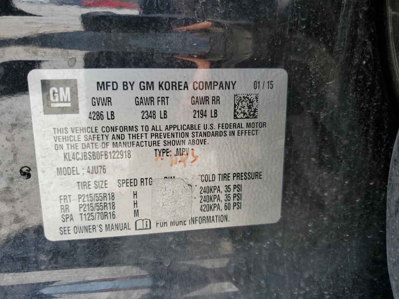 2015 Buick Encore Convenience VIN: KL4CJBSB0FB122918 Lot: 62430004