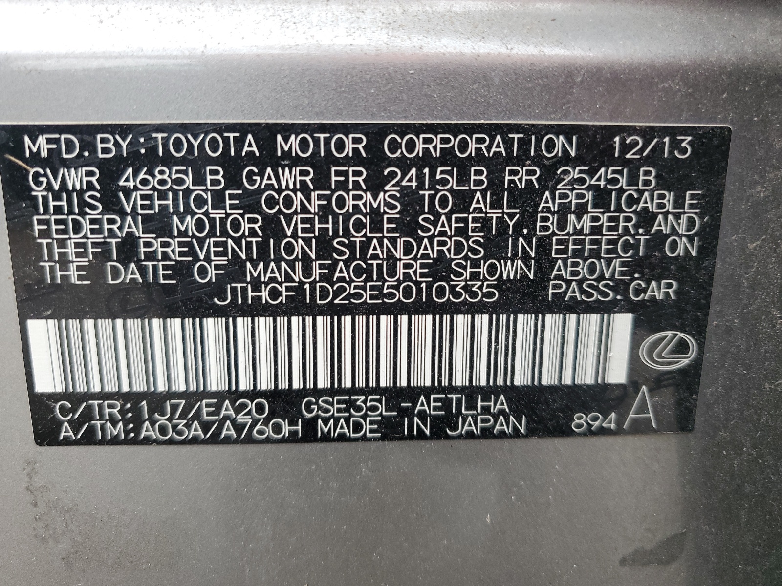 JTHCF1D25E5010335 2014 Lexus Is 250