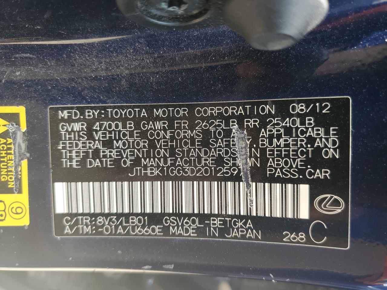 2013 Lexus Es 350 VIN: JTHBK1GG3D2012597 Lot: 62472144